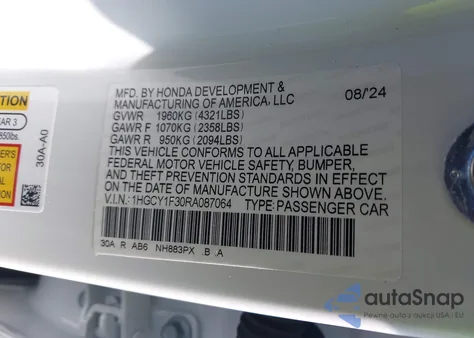 2024 Honda Accord Ex z USA, uszkodzony, nr VIN 1HGCY1F30RA087064